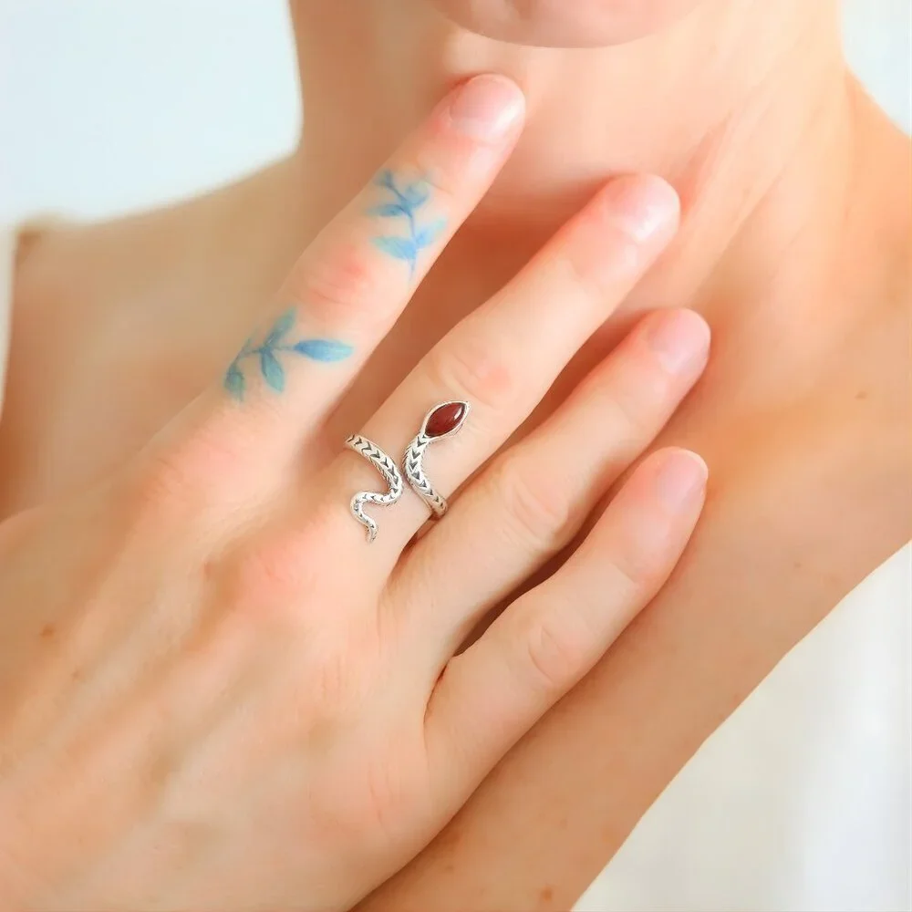 Baltic Cherry Amber Snake Ring in Sterling Silver